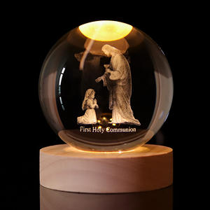 Factory Direct 3D Laser Engraved Crystal Ball Wood LED Base with Angel Cross Theme <strong>First</strong> <strong>Holy</strong> <strong>Communion</strong> Children's <strong>Gift</strong> - Product Image 1