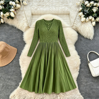 Neues Damenkleid im Vintage-Stil: Elegantes, geprägtes, plissiertes, knielanges, atmungsaktives, schmal geschnittenes Langarmkleid mit Stickerei, waschbar