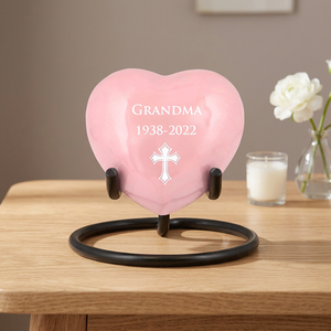 Personalized Heart Shaped <b>Urn</b> Pink Polyresin Grandma 1938-2022 Engraved Cross Memorial Keepsake - Product Image 3
