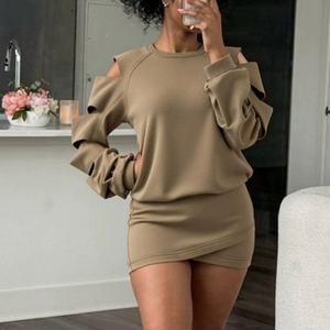 Winter New Arrival Women's Casual Sexy Dress 100% French Terry Cotton Crew Neck Hollow Long Sleeve Dress Everyday Street Dress - Product Image 1