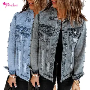Private Label Wholesale Blue Fall Winter Chaquetas Para Mujer Distressed Buttons Washed Women Denim Jean Jacket For Ladies