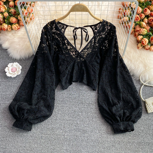 Sexy ren áo phụ nữ thanh lịch v-cổ Puff dài tay áo mở lại ngắn Tops nữ bên blusas - Product Image 2