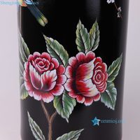 RYYL19-A Vase porte-parapluie en gros, motif floral coloré avec oiseaux sur fond noir et bordure dorée, pour la décoration intérieure et les tables d'hôtel