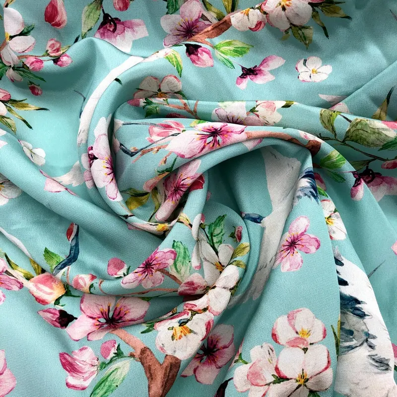 Custom 100% Pure Silk Floral Animal Bird Digital Printed Silk Crepe De Chine Fabric