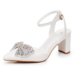 BS045 Sandali da Donna Eleganti <span class=keywords><strong>con</strong></span> <span class=keywords><strong>Tacco</strong></span> Spesso a Punta, Decorazione <span class=keywords><strong>con</strong></span> Fiocco di Diamanti, Sandali <span class=keywords><strong>con</strong></span> <span class=keywords><strong>Tacco</strong></span> Alto Bianchi per Sposa - Product Image 2
