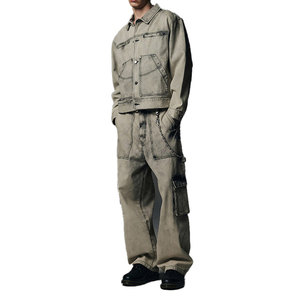 Été Style Hip Hop Hommes <span class=keywords><strong>Beige</strong></span> Vintage Distressed Cargo Denim Pants Mid Waist Straight Weaved Jeans - Product Image 6