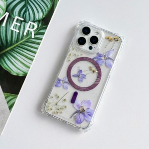 Funda Protectora Transparente para <span class=keywords><strong>iPhone</strong></span> 15 Pro Max 14 13 12 <span class=keywords><strong>11</strong></span> 7 8 Plus XS XR con Flores Secas Reales Selladas con Calor para Cargador Inalámbrico Magnético - Product Image 2