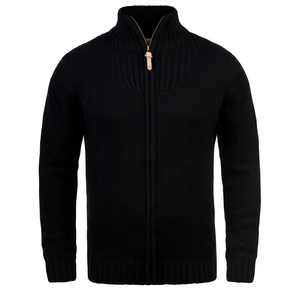 Cardigan en laine pour homme à col roulé zippé, couleur unie, tricot côtelé épais, vêtement d'extérieur d'hiver anti-boulochage, manches classiques - Product Image 1