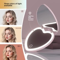 Miroir de maquillage portable en forme de cœur, style influenceur, avec lumière LED intégrée, haute définition, pliable, cadre en plastique, miroir compact, cadeau