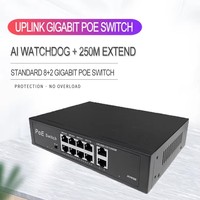 ANPA AP-1028KE Switch PoE de 8 Puertos 10/100Mbps, 2 Puertos Gigabit Uplink RJ45, Protección contra Rayos de 6KV, Puerto de Extensión de 250m para Cámara IP LAN
