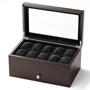 Wholesale <b>2</b>-Tier 10 Slots Watch Box with <b>Drawer</b> Wooden Watch Organizer Jewelry <b>Storage</b> Case with Glass Top Soft suede lining - Product Image 4
