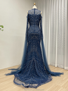 MY30195 Abito da Cerimonia Blu Formale a Maniche Lunghe con Collo Alto Stile Sirena Elegante Abito da Sera con Perline per <span class=keywords><strong>Madre</strong></span> della Sposa - Product Image 6