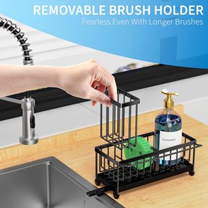 Distributeur de savon en acier au carbone antirouille évier de cuisine Caddy organisateur haut porte-brosse noir éponge stockage - Product Image 5