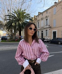 ZEVITY 2026 Neue Damen Einreihige Bluse mit Reverskragen, Farblich Abgestimmten Streifen und Langen Ärmeln für Büro und Business-Casual - Product Image 1