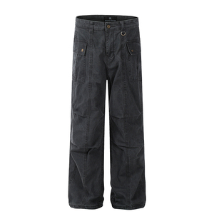 Erkekler yüksek kalite Vintage koyu gri düz kot moda pilili tasarım günlük kot özel erkekler yüksek sokak Baggy kargo pantolon