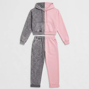 2026 Heavyweight Vintage Sweatsuit Zip up Distressed Embroidery Patch Acid Wash Women's <b>Tracksuit</b> Set Custom Women Hoodies Set - Product Image 2