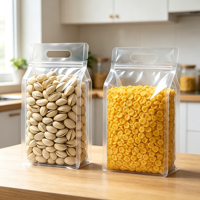 Vochtbestendige transparante zak met platte bodem, ritssluiting en handvat, herbruikbare plastic zak voor gedroogd fruit, snacks en rijst