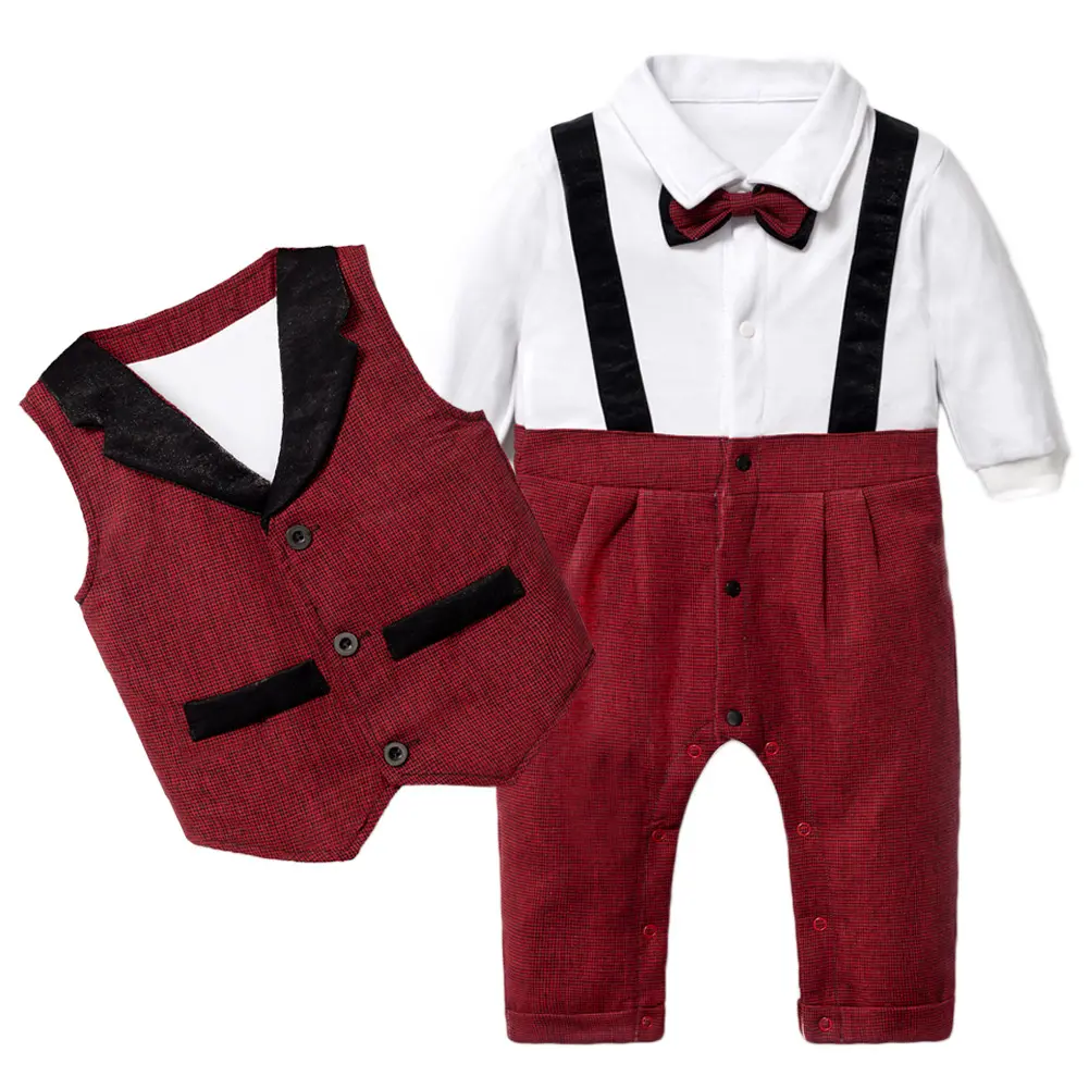 Baby boys' bow tie formal suit Newborn clothes onesie+waistcoat+hat suit Baby boys' birthday gift 0-24 M clothes