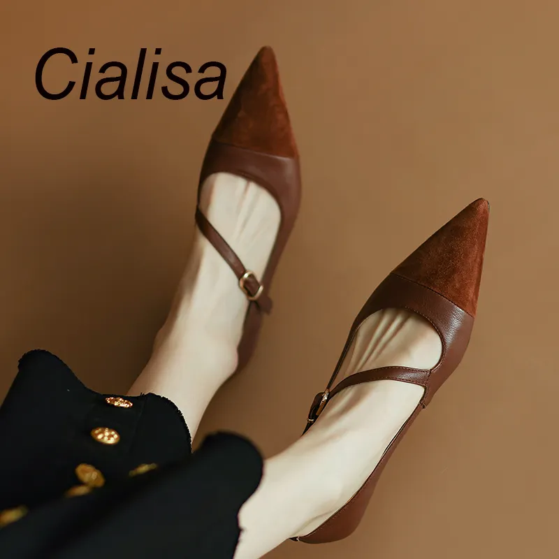 Cialisa Hot Sale Full Real Leather Work Pointed Toe Low Top Solid Color Flats Loafers Dress Flat Women Shoes Ladies