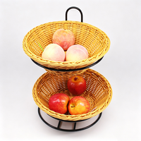 Panier de rangement à deux niveaux en rotin PP, fait main, écologique, imperméable, avec cadre métallique pour la présentation de fruits et de pains dans les restaurants et supermarchés