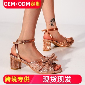 Silver Glitter Heeled Sandals <b>Open</b> Toe Bow Decoration Summer Women's <b>Shoes</b> With <b>Back</b> Strap Buckle Closure - Product Image 4