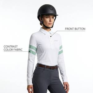 Camisa de Polo Ecuestre Ligera de Manga Larga para Mujer, Absorbente de Humedad, con Cuello Solapa, Botones Frontales y Rayas en Contraste para Montar a Caballo - Product Image 1