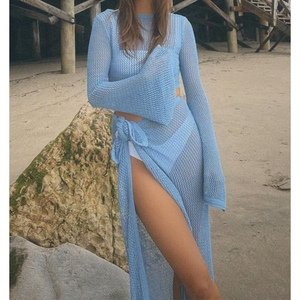 Hollow Long-sleeved Short Blouse Beach Seaside <b>Sexy</b> Strap Skirt Women's Knitted 2-piece <b>Set</b> Fashion - Product Image 4