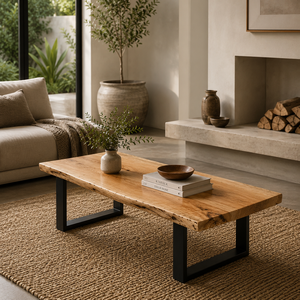 Mesa de Centro de Madera Maciza de Primera Calidad con Bordes Naturales y Patas de Acero con Recubrimiento en Polvo, Mesa de Centro Moderna de Madera Sólida para Interiores de Lujo - Product Image 1