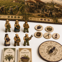 Jeu de société personnalisé en carton sur la saison de la récolte des vignobles européens, pour la gestion des cooperatives, destiné aux vignerons, aux routes viticoles et au tourisme des vignobles
