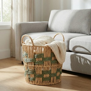 Round Woven <b>Storage</b> <b>Basket</b> With Green <b>Rope</b> Detail For Home Decor And Clothing Organizer Standing Type Handmade - Product Image 1