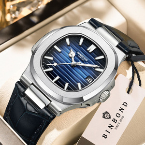 Binbond Men's Quartz Watch Blue Dial Leather Strap Waterproof Luminous Calendar Business Wristwatch Model B1885 - Product Image 1