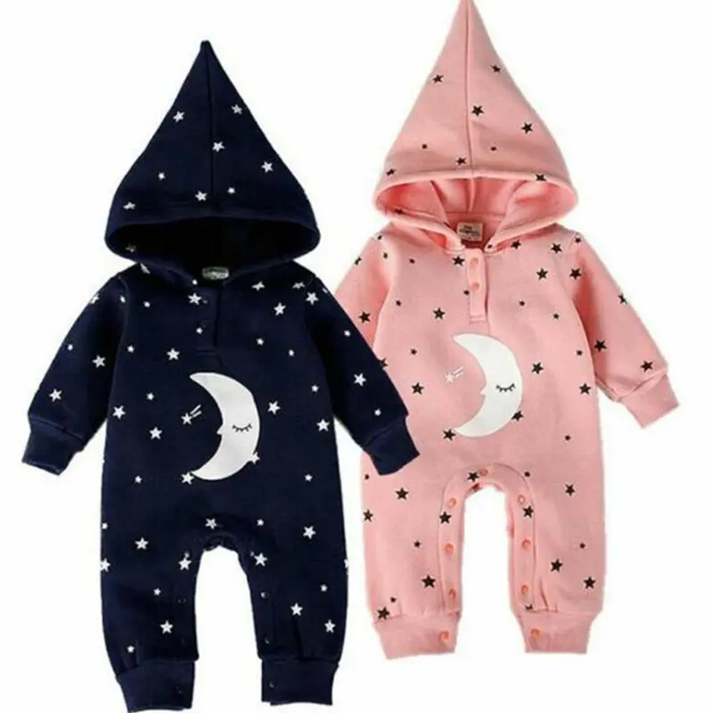 En gros Casual Étoile et Lune Bébé À Capuche Barboteuse Coton Manches Longues pyjama Infantile