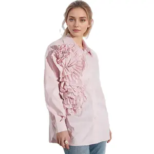 Twotwinstyle Groothandel Effen Patchwork Appliques Losse Shirt Revers Lange Mouw Elegante Blouse Voor Dames