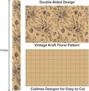 17in <b>vintage</b> gift <b>wrapping</b> <b>paper</b> leaf and flower pattern kraft <b>paper</b> customizable pattern logo size - Product Image 2