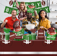 Ensemble de vaisselle jetable sur le thème du rugby pour fête d'anniversaire, comprenant des assiettes en papier, des gobelets, des serviettes, des couverts, une nappe, des bannières, des drapeaux et des fournitures