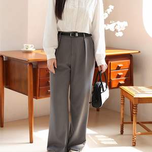 Pantalon de costume large pour femmes grandes tailles Runqi, gris, taille haute, coupe droite, décontracté, pour le bureau, N8881 - Product Image 2