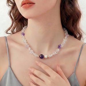 Collier en <span class=keywords><strong>perles</strong></span> de quartz améthyste naturel et de quartz clair, <span class=keywords><strong>perles</strong></span> d'eau douce, plaqué or 18 carats pour femme CL26-145 - Product Image 3