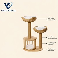 Tour d'escalade pour chat en rotin double avec poteau en sisal et condo en lattes de bois, mobilier d'escalade d'intérieur, vente en gros