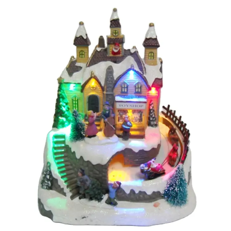 Casa de pueblo de Navidad iluminada con luz LED personalizada, torre de música con movimiento, decoración rotativa de tren y casa de madera