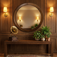 Miroir mural rond moderne en MDF poli à la main avec cadre imitation bois, couleur personnalisable, papier peint floral style cottage, pour chambre à coucher et coiffeuse