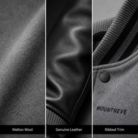 Veste universitaire en laine personnalisée pour homme, gris et noir, manches en cuir, boutons pression, bordure côtelée, style moderne urbain, veste bomber de baseball