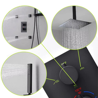 Système de douche thermostatique moderne noir en laiton brossé à poignée unique avec étagère, pour usage hôtelier, jet doux massant