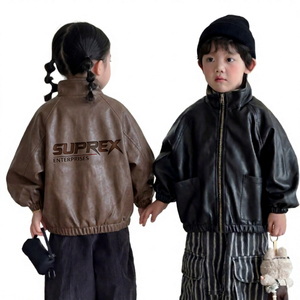 Suprex <b>Kids</b> PU Leather Bomber Jacket Puff Sleeve Solid Color Zipper Stand Collar Autumn Windproof Outerwear - Product Image 1