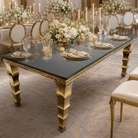 Table de mariage rectangulaire de 180 cm en acier inoxydable avec cadre en métal doré de haute qualité et plateau en verre miroir noir, tables de banquet pour hôtel