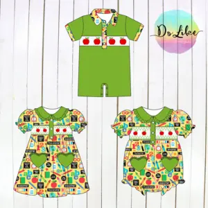 Back to school items girls clothing dresses fashion cotton kids children boutique green printed clothes custom bubble