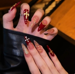Faux ongles à presser faits main, style français, forme stiletto, 10 pièces, pour doigts - Product Image 4