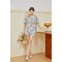 Ensemble de pyjama de luxe pour femme en soie glacée ultra-fine, tissé, doux, respirant, à séchage rapide, col en V, manches courtes, longueur cheville, motif Fleur de Monet
