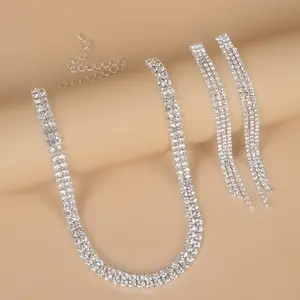 Luxe Klassieke Vrouwelijke Verlovingsjuwelen Tenniskettingen Kwastje Kristallen Ketting Oorbellen Set Bruiloft Bruids Sieraden Sets Bijoux