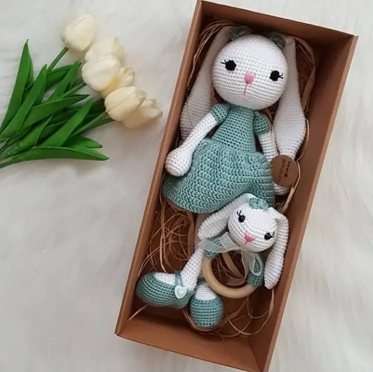 안전 나무 아기 딸랑이 Teether 장난감 패션 수제 부드러운 동물 봉제 토끼 아기 크로 셰 뜨개질 장난감
