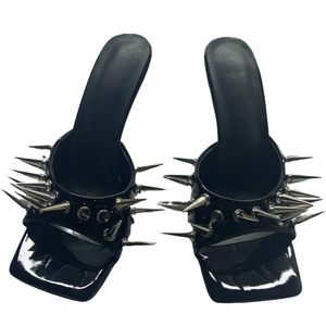 Mules habillées grande taille 45, sexy, pour l'extérieur, à bout carré ouvert, sandales à talons aiguilles, avec longues rivets et talons fins, pour femmes - Product Image 5